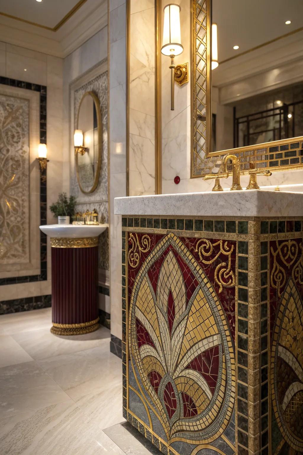Step into glamour with Art Deco mosaics that add a touch of luxury to your bathroom.
