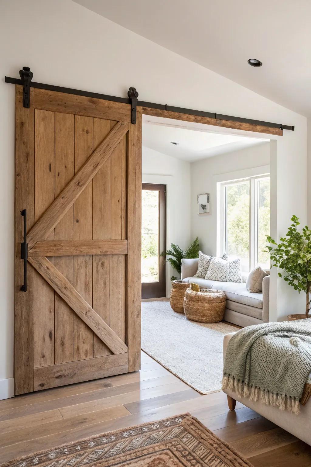A sliding barn door adds character and functionality, perfect for a mountain home.