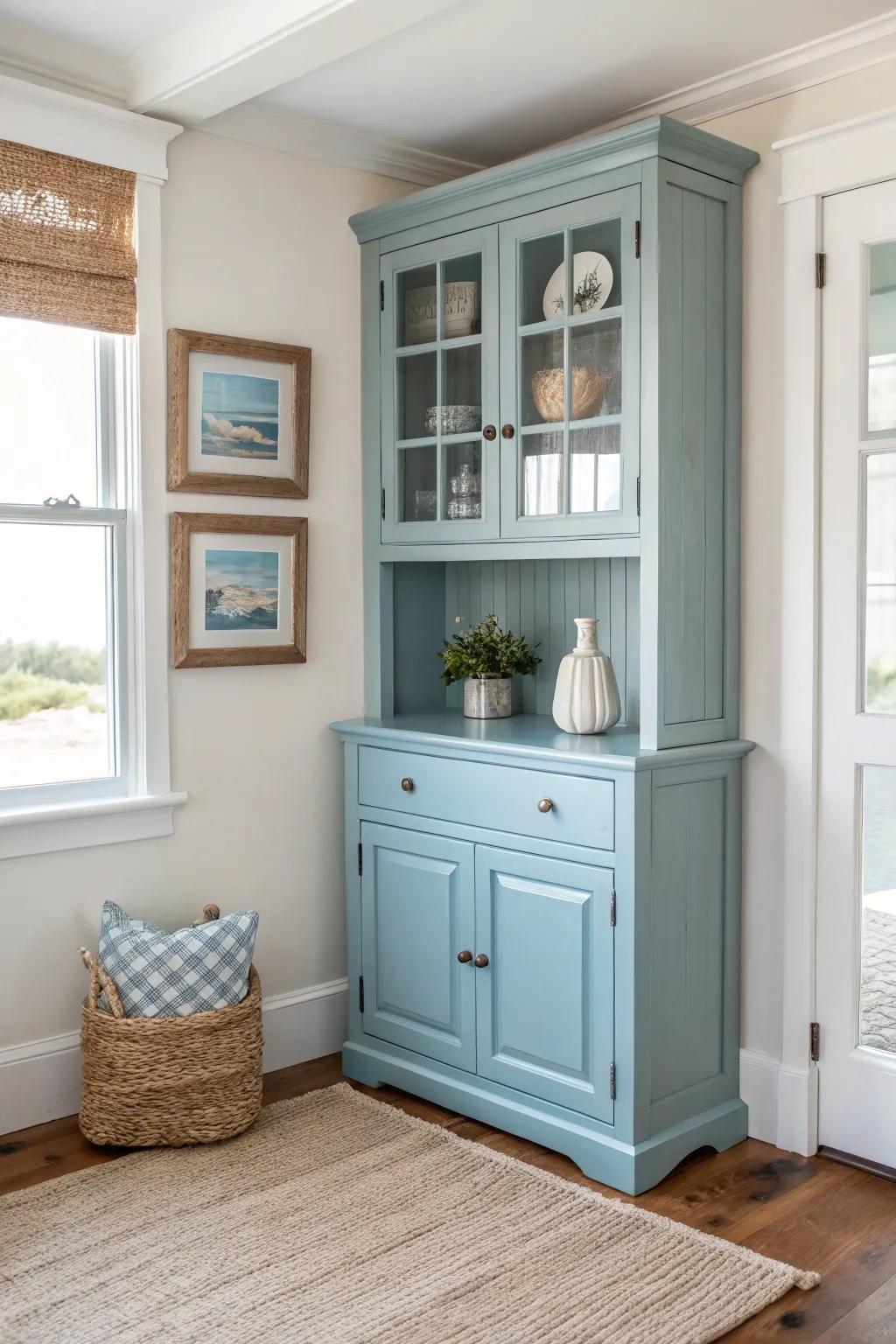 Bring the sea indoors with a coastal blue hutch that exudes serenity and charm.