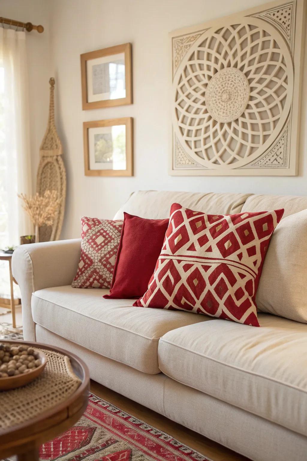 Keep it fresh with geometric patterns in red and cream that add a modern edge.