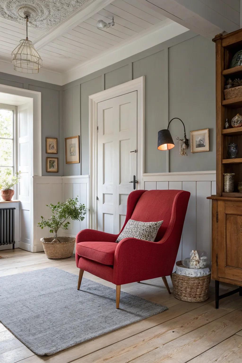 Achieve a timeless look by blending traditional and modern elements in red and gray.