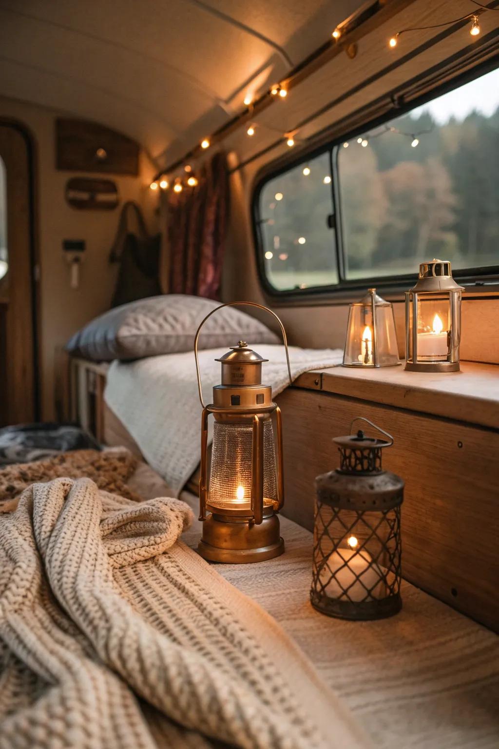 Create a cozy haven in your RV with the timeless charm of lantern lighting.
