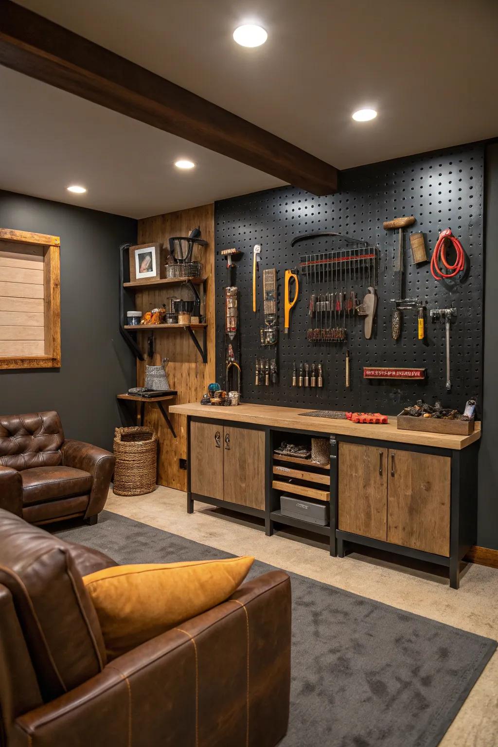 Organize in style with a pegboard wall that's both functional and chic.