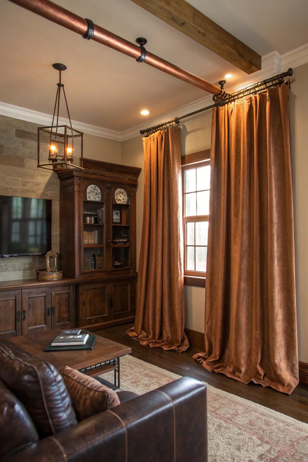 Add a hint of industrial flair with copper pipe curtain rods for your steampunk windows.