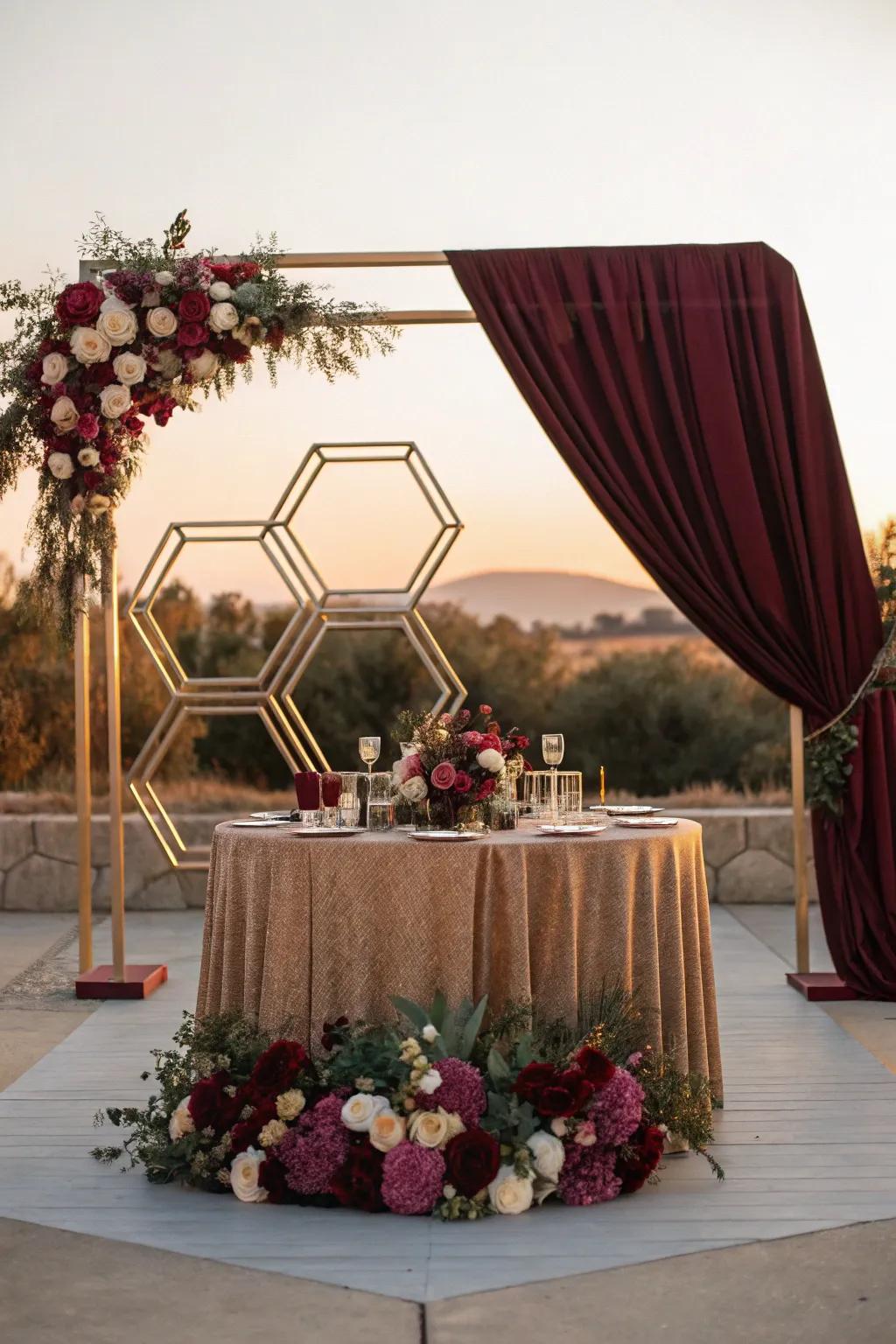 Geometric shapes add a modern, contemporary flair to your sweetheart table setting.