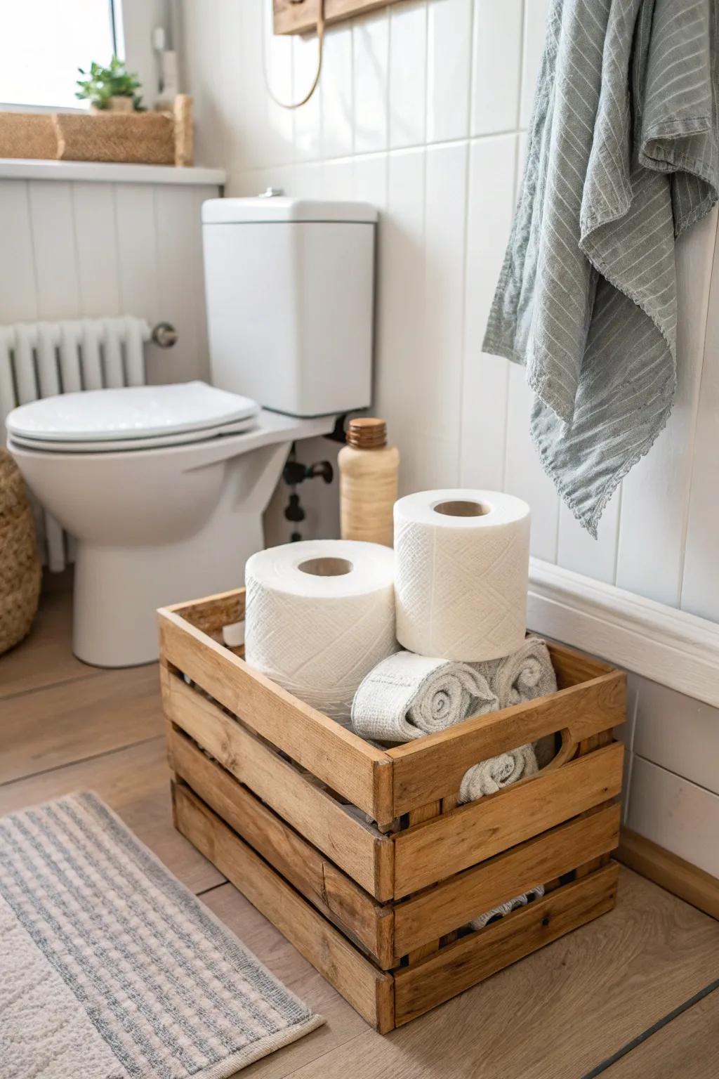 Infuse charm into your bathroom with a rustic crate for stylish storage. 🌿🧻 #RusticDecor #BathroomInspiration #StorageIdeas