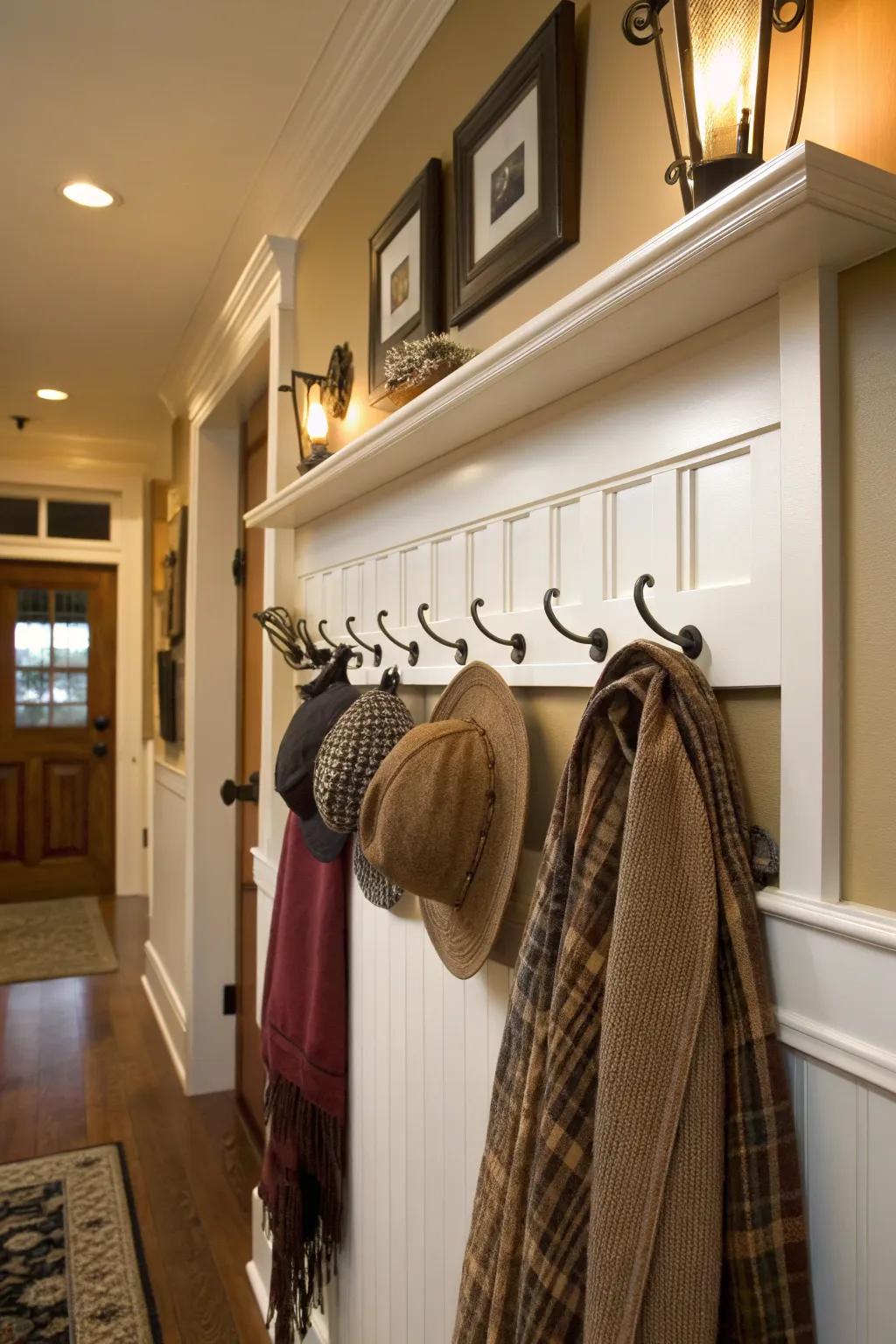 Combine style and practicality with wainscoting caps featuring integrated hooks for functional decor.