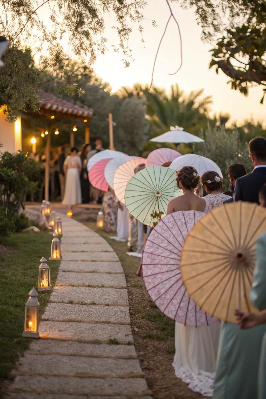 Add a vintage touch to your exit with a charming parasol parade.
