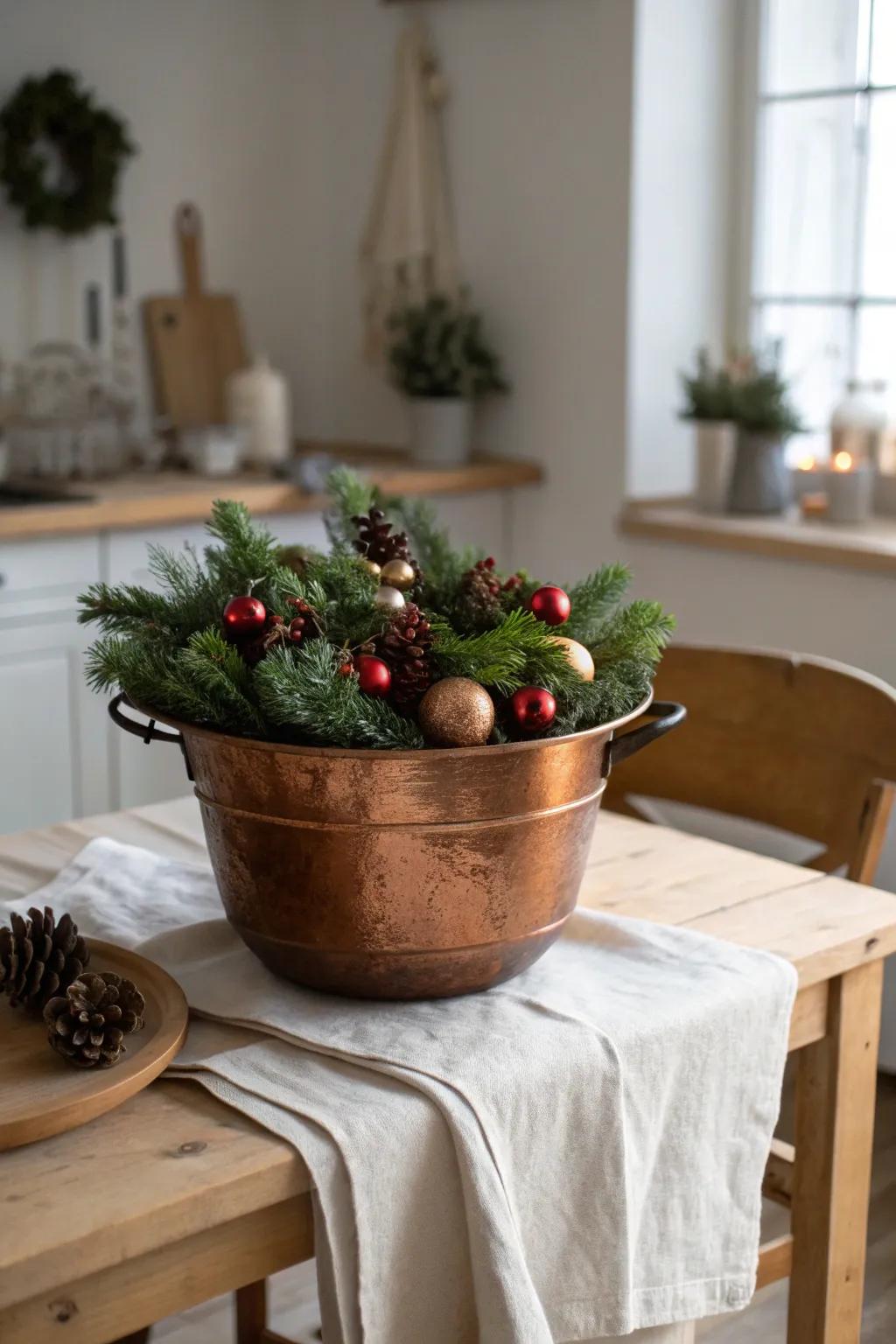 Deck the halls with festive decor in a copper boiler.