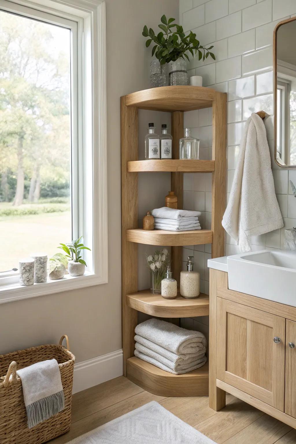 Utilize corners creatively to maximize storage efficiency. 🔄 #CornerStorage #EfficientDesign #BathroomTips