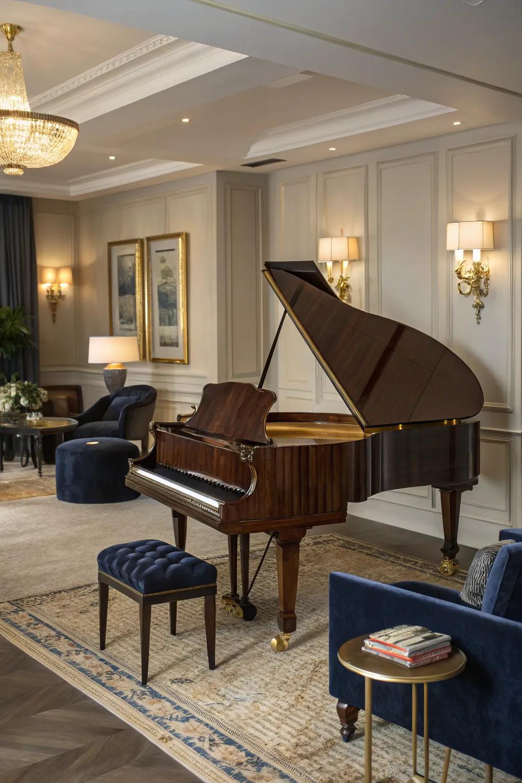 Elevate your living room with a grand piano that exudes elegance and charm.