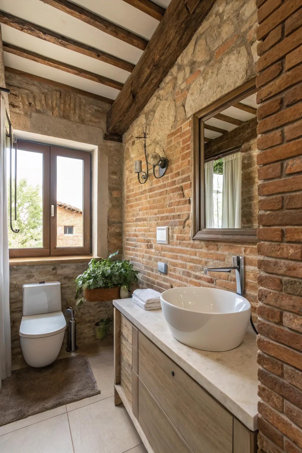 Architectural features add rustic charm to modern bathrooms.