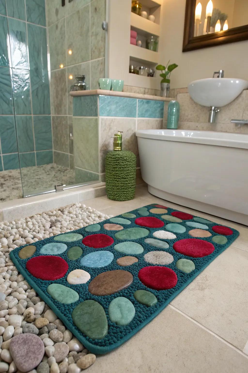 Infuse vibrancy into your bathroom with colorful pebble accents that express your unique style. 🎨💫 #ColorfulPebbles #BathroomVibes