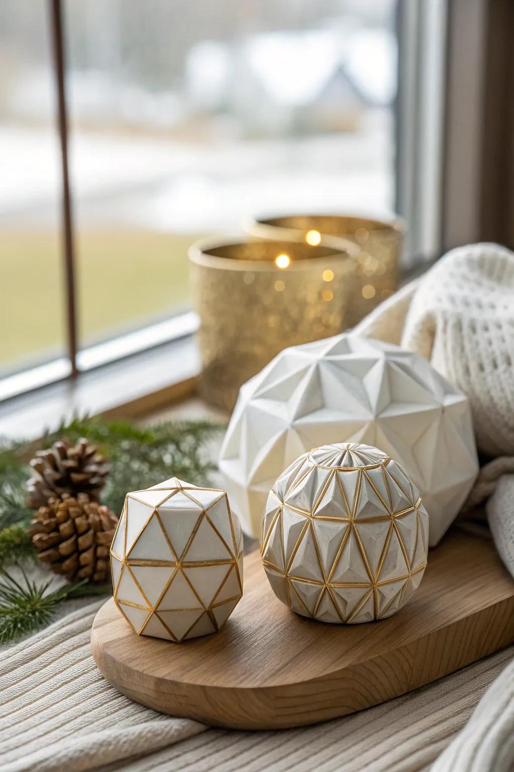 Elevate your decor with geometric ornaments that bring a modern touch to your holiday setting.
