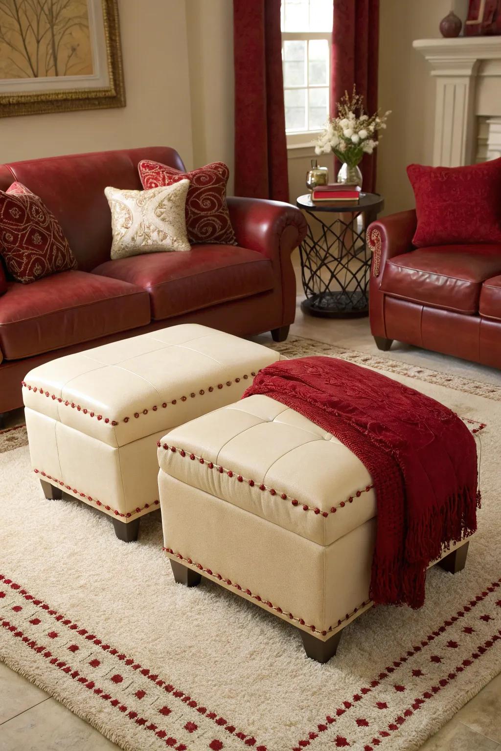Enhance your seating arrangement with versatile cream ottomans featuring red accents.