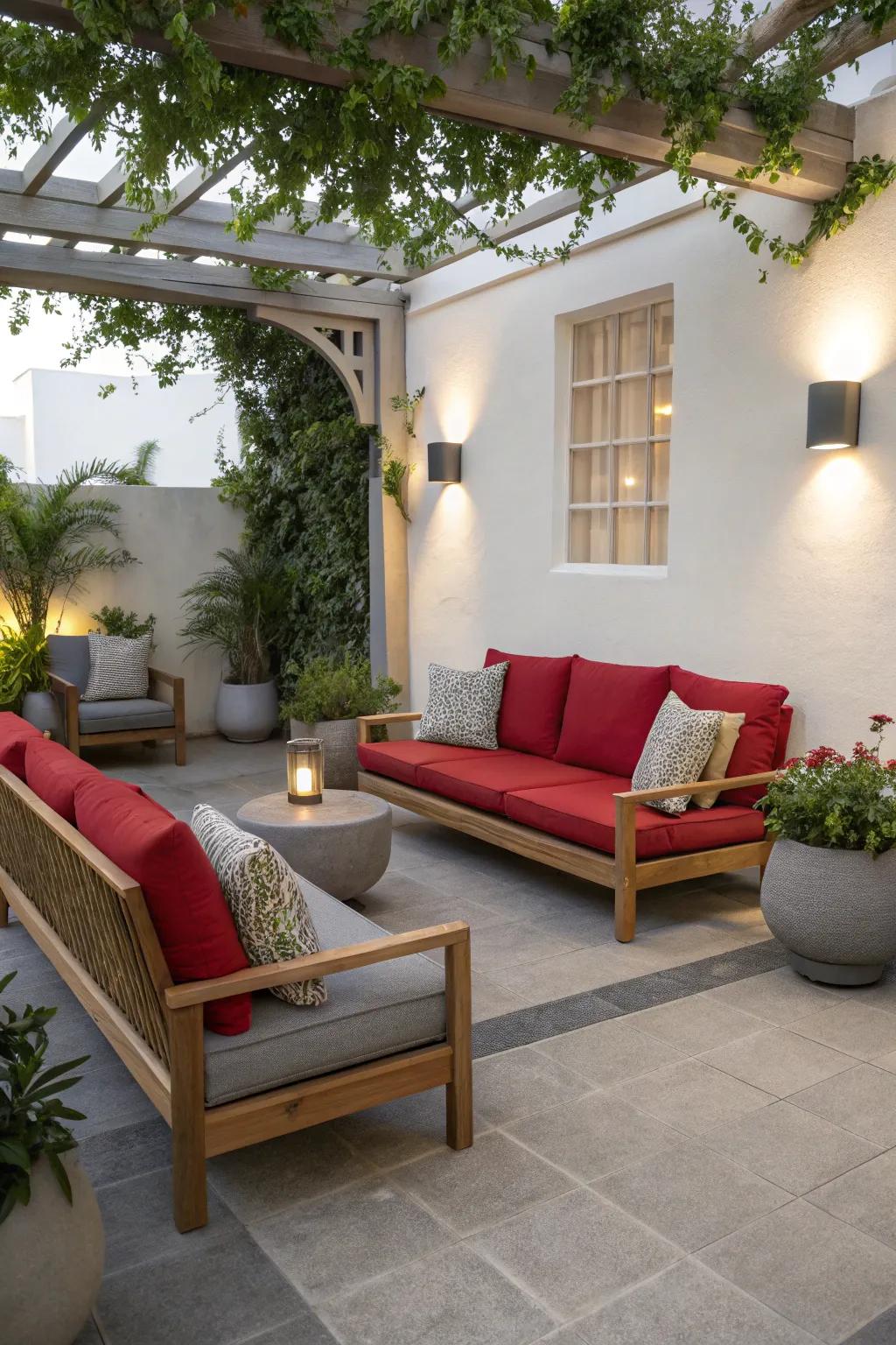 Create a cohesive look by extending red and gray decor to your outdoor spaces.
