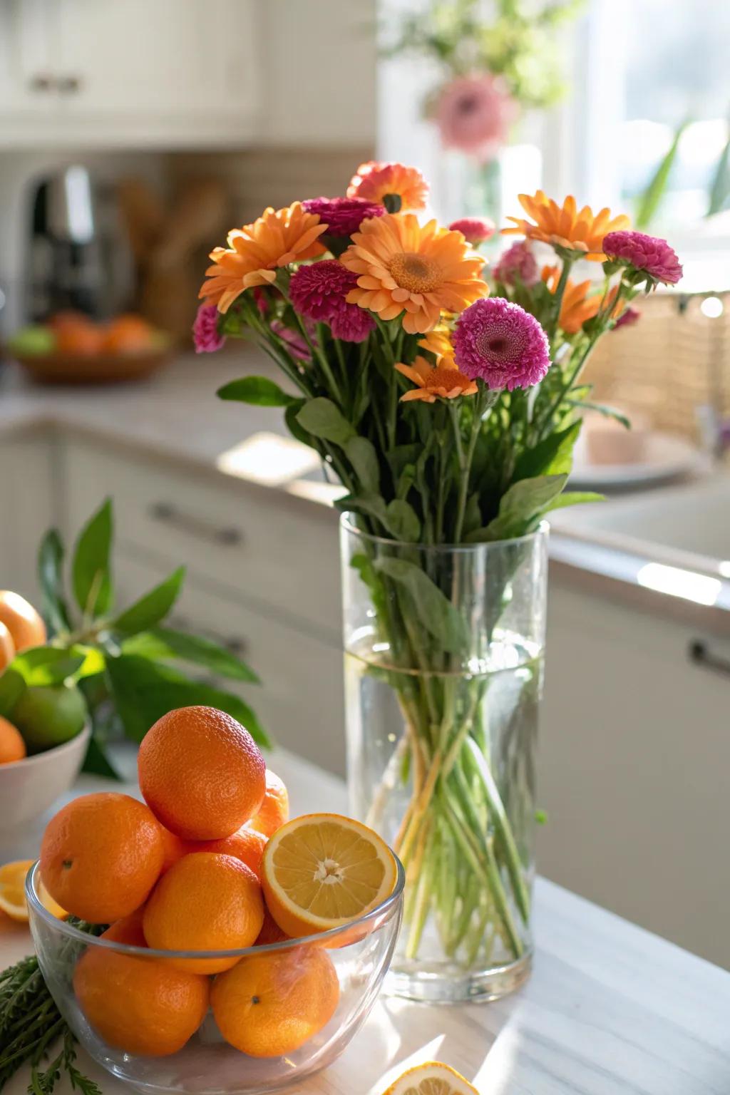 Add zest and color to your home with a refreshing fruit and flower arrangement.