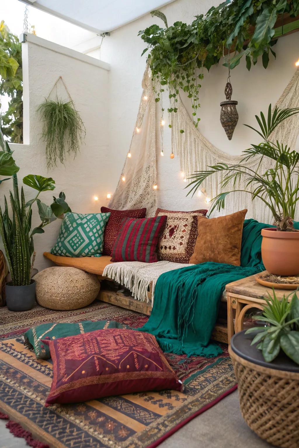 Capture the essence of boho chic with vibrant colors and lush greenery. #BohoChic #HomeDecor