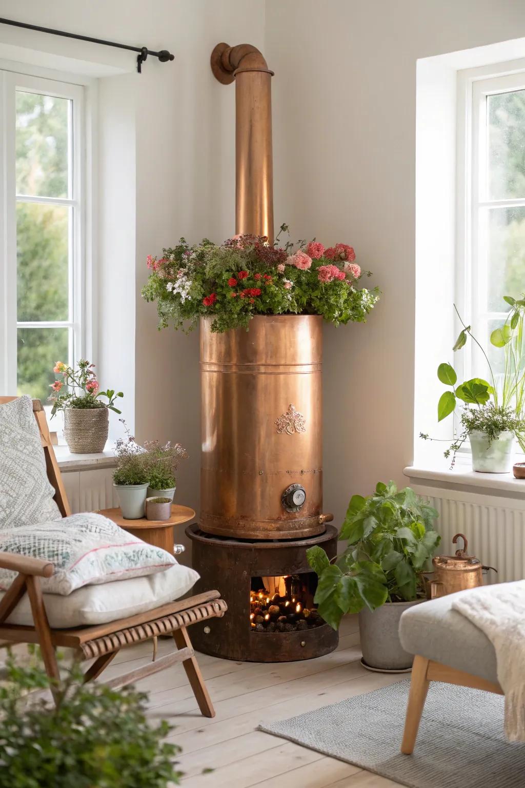 Bring nature indoors with a copper boiler planter overflowing with seasonal blooms.