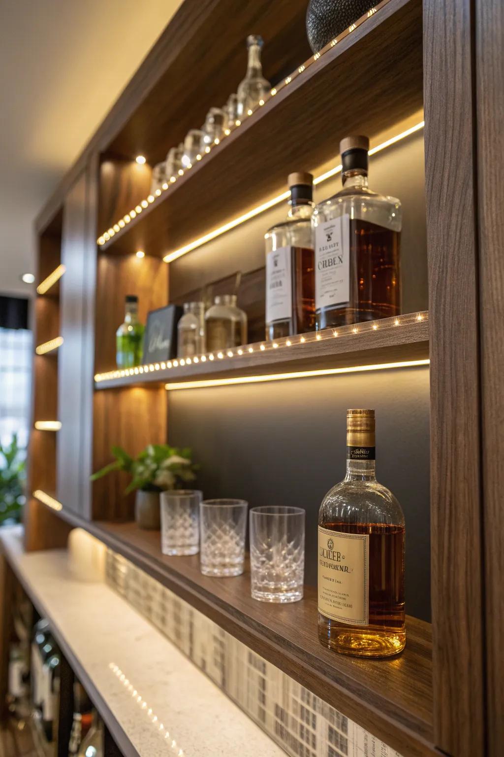 Make your bottles float with the magical glow of under-shelf LED strips.