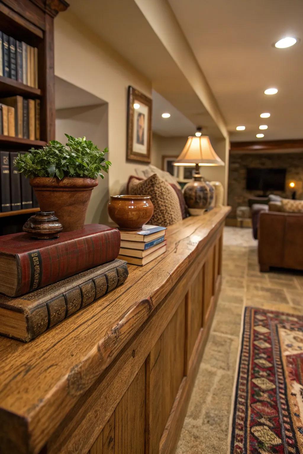 Bring warmth to your basement with a rustic wooden ledge that invites relaxation and charm.
