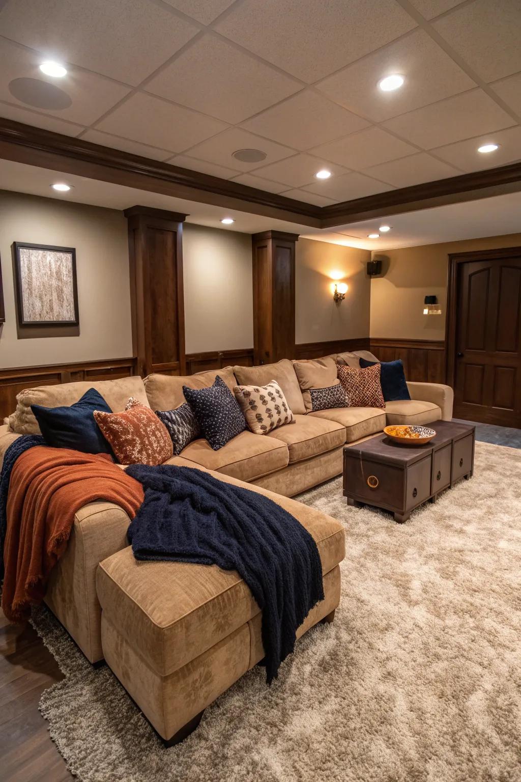 A large sectional sofa creates a cozy atmosphere, perfect for lounging with family and friends. #CozyVibes #HomeTheater