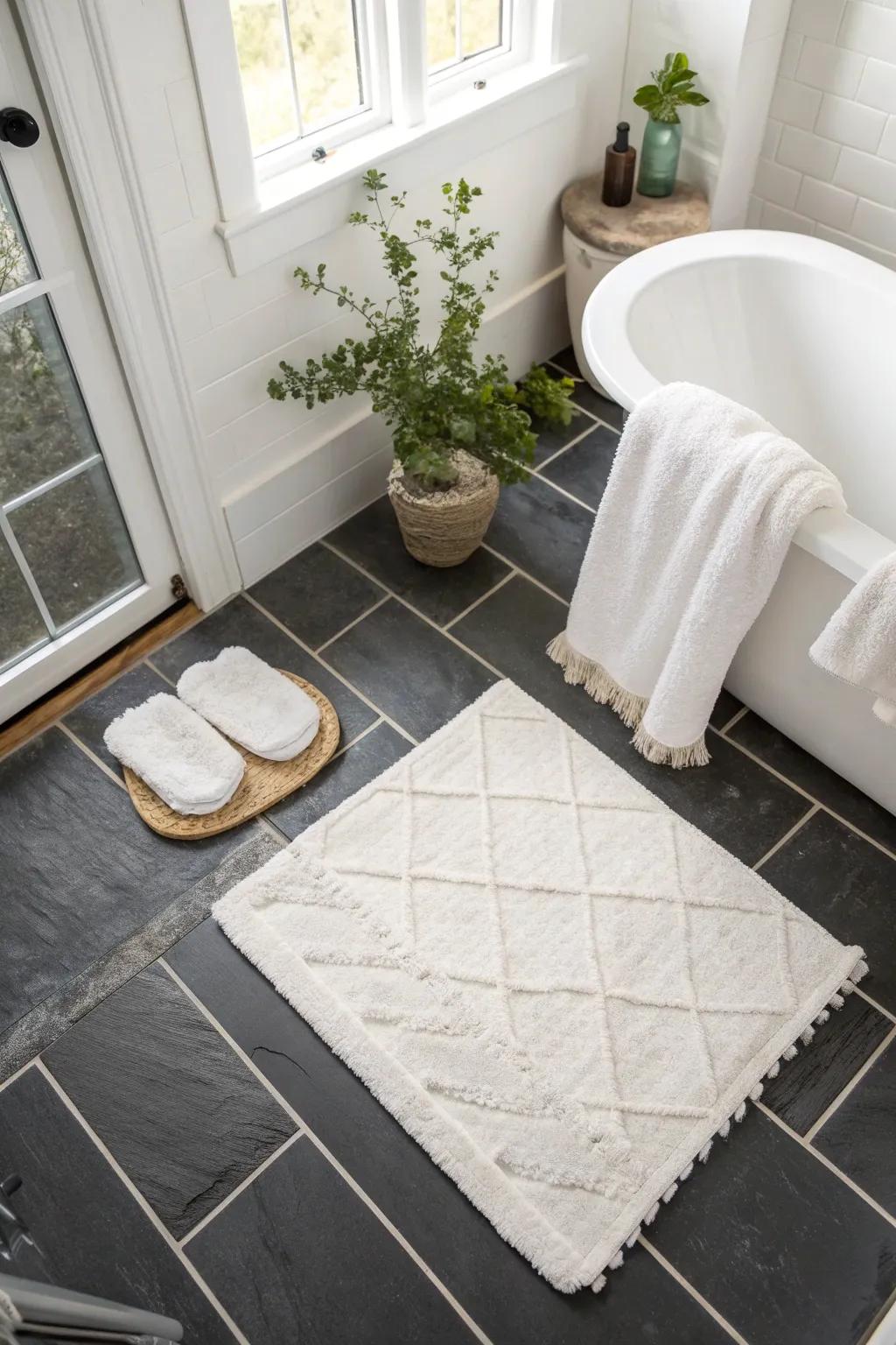 Dark slate floors paired with white walls create a striking contrast for a modern, airy bathroom.