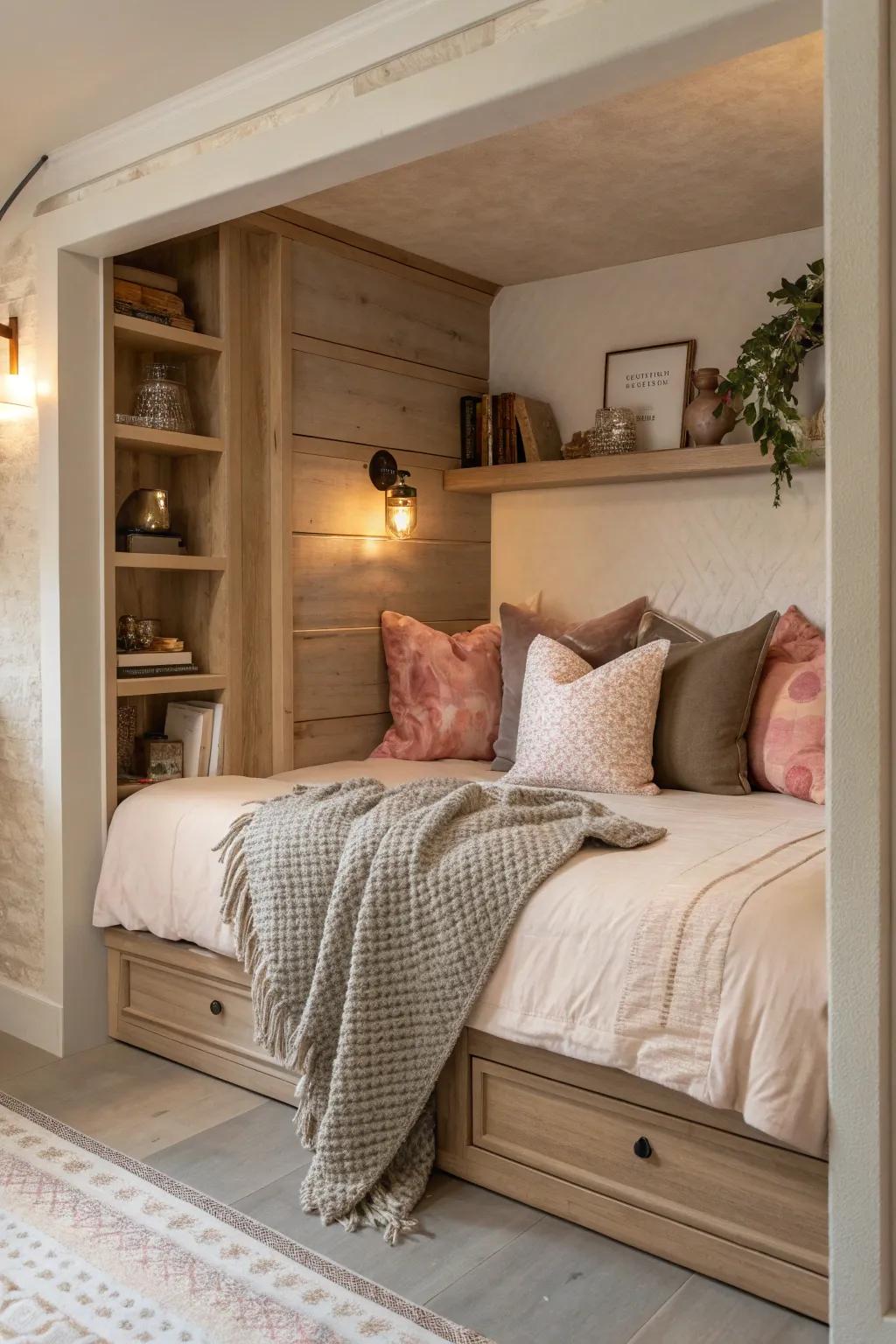 Seamlessly blend your bed into a wall with built-in alcoves, perfect for maximizing small spaces.