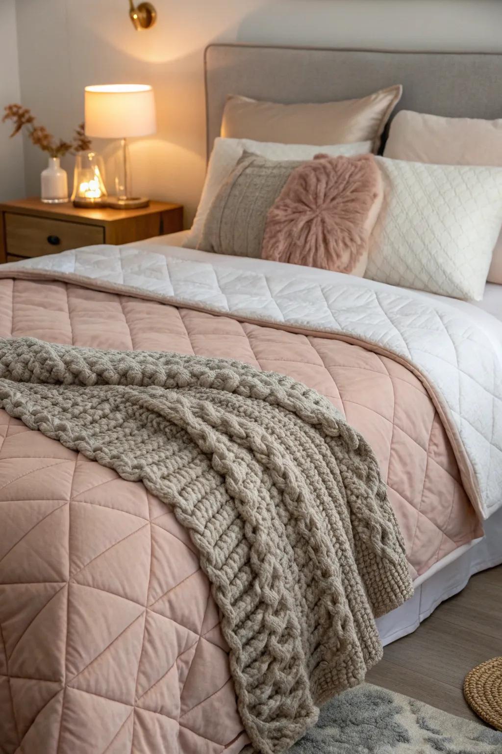 Layering textures creates a luxurious and adaptable bedspread that's both practical and stylish.