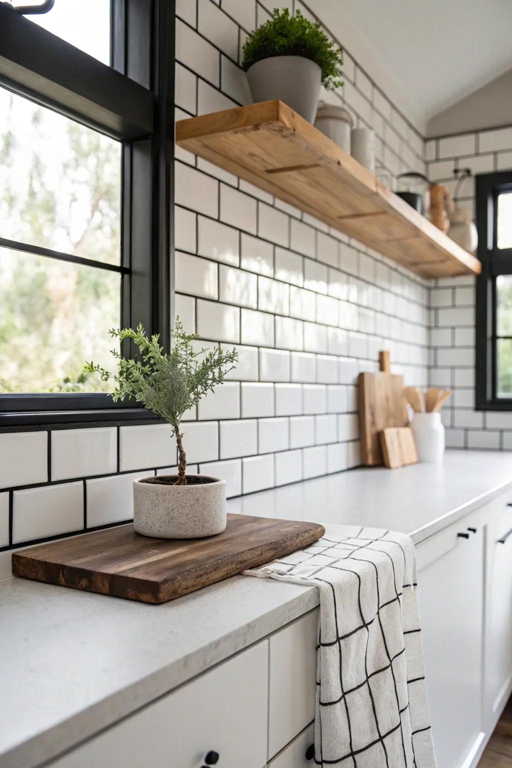 Classic subway tiles with black grout create a stunning contrast in this modern kitchen.