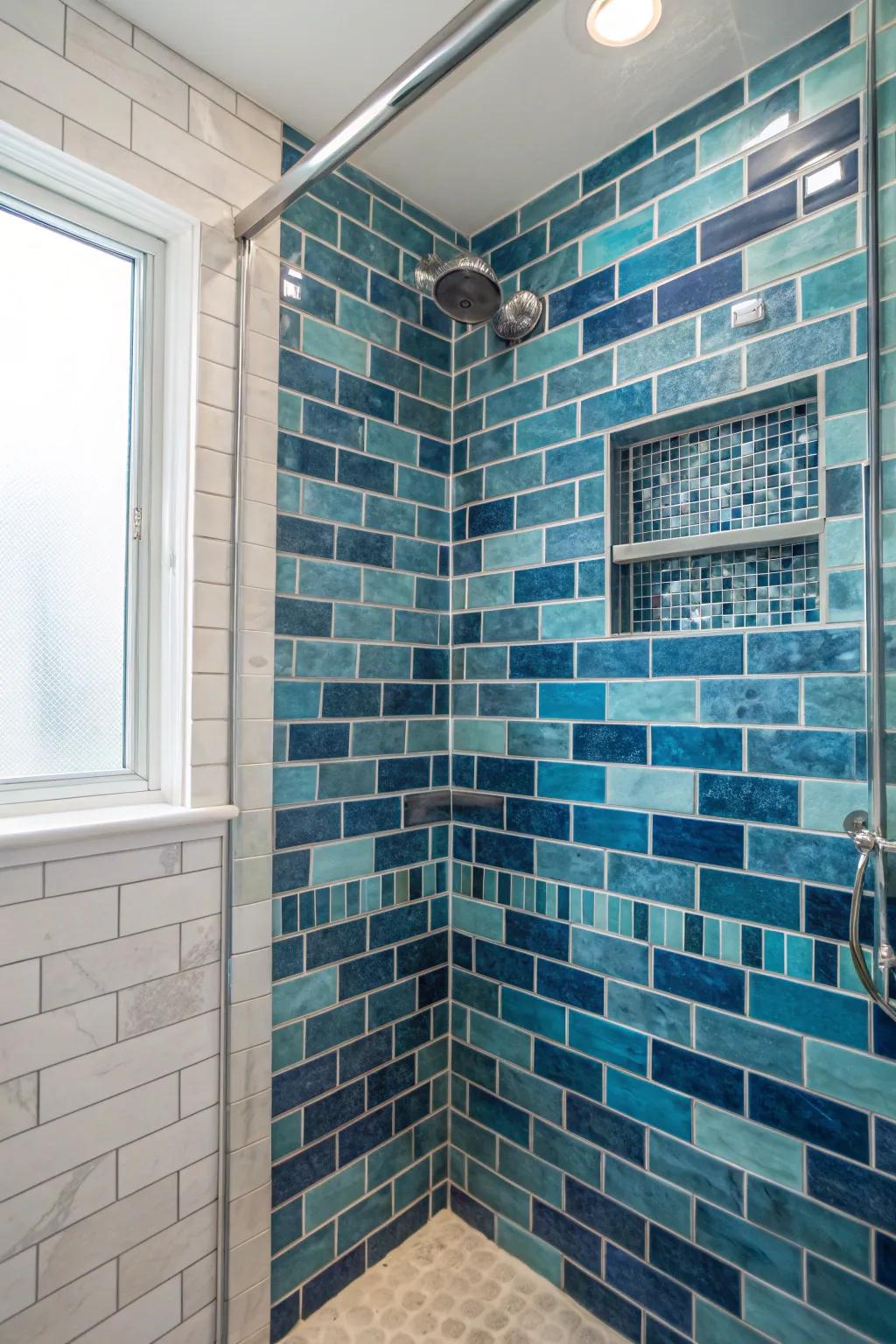 Let your shower transport you to the ocean with a blend of calming blue hues. 🌊 #BathroomDesign #SereneSpaces