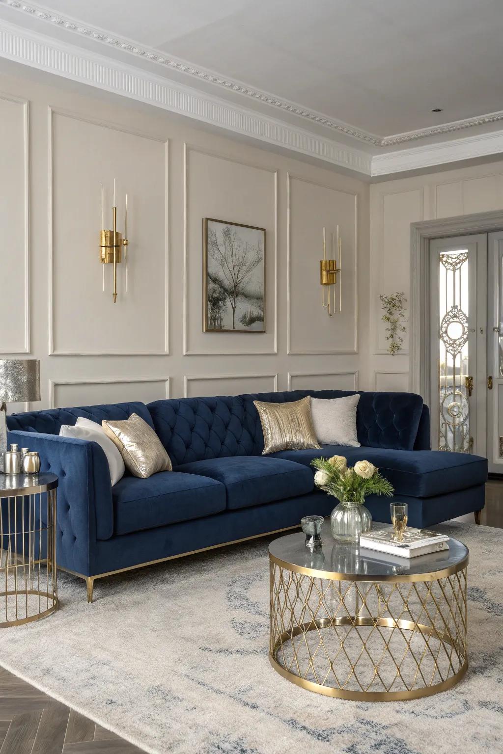 Navy blue sectionals create a bold and sophisticated atmosphere, perfect for a modern twist on classic elegance.