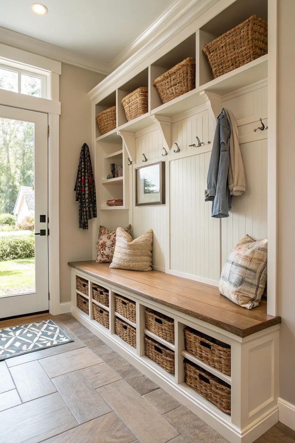 Open cubbies in your entryway bench make shoe organization a breeze.