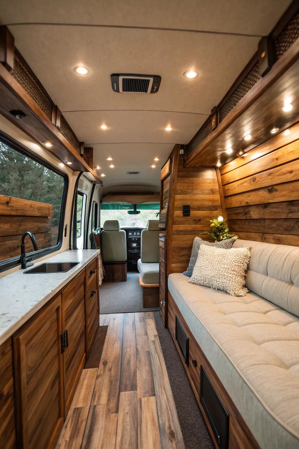 Embrace the rustic charm with elegant wood paneling in your camper van.
