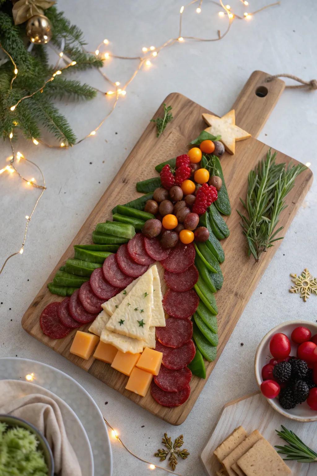 Turn your charcuterie board into a festive Christmas tree that doubles as a delicious centerpiece.