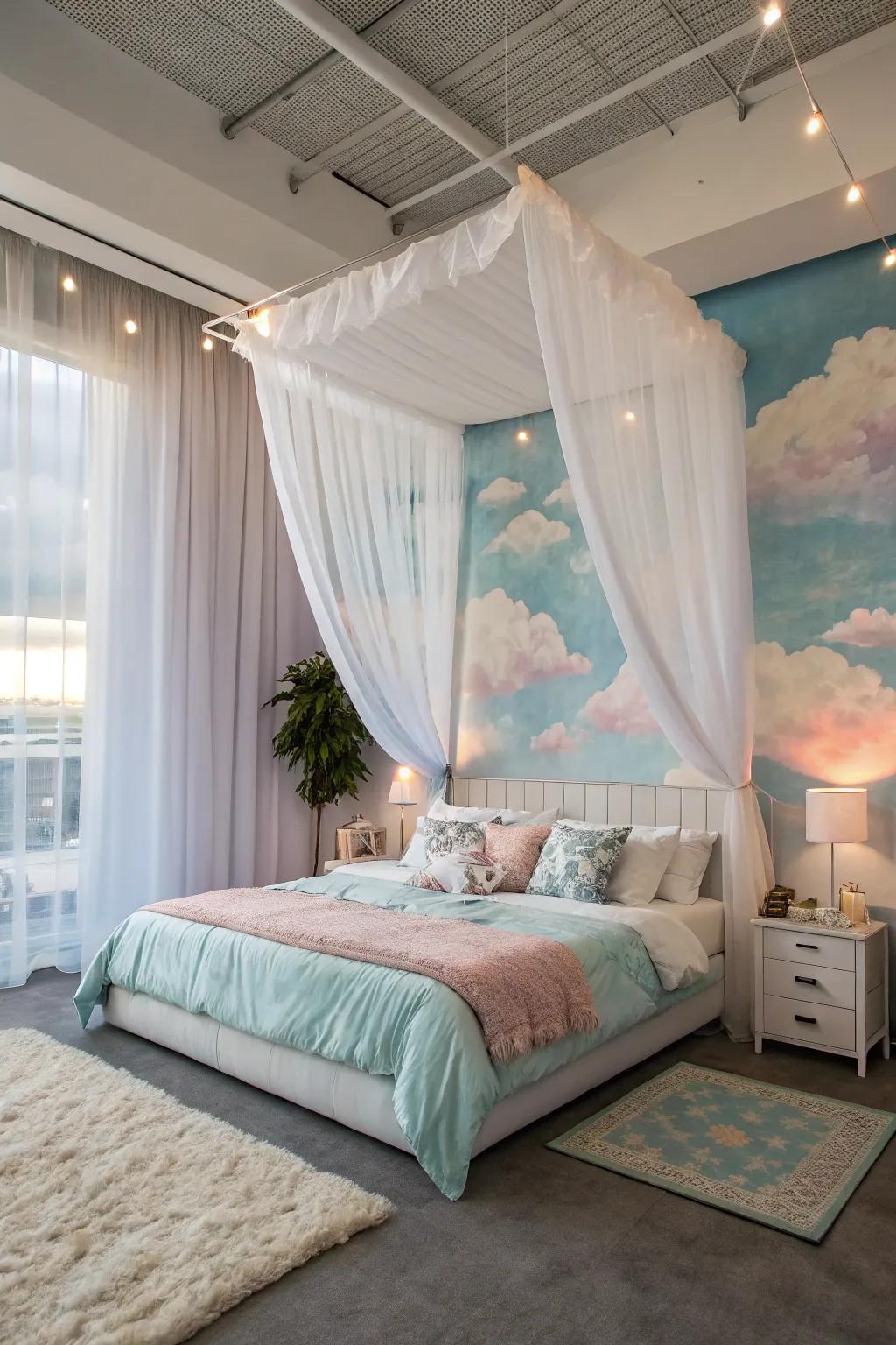 Add a touch of whimsy with a stunning cloud mural that envelops your space in serenity.