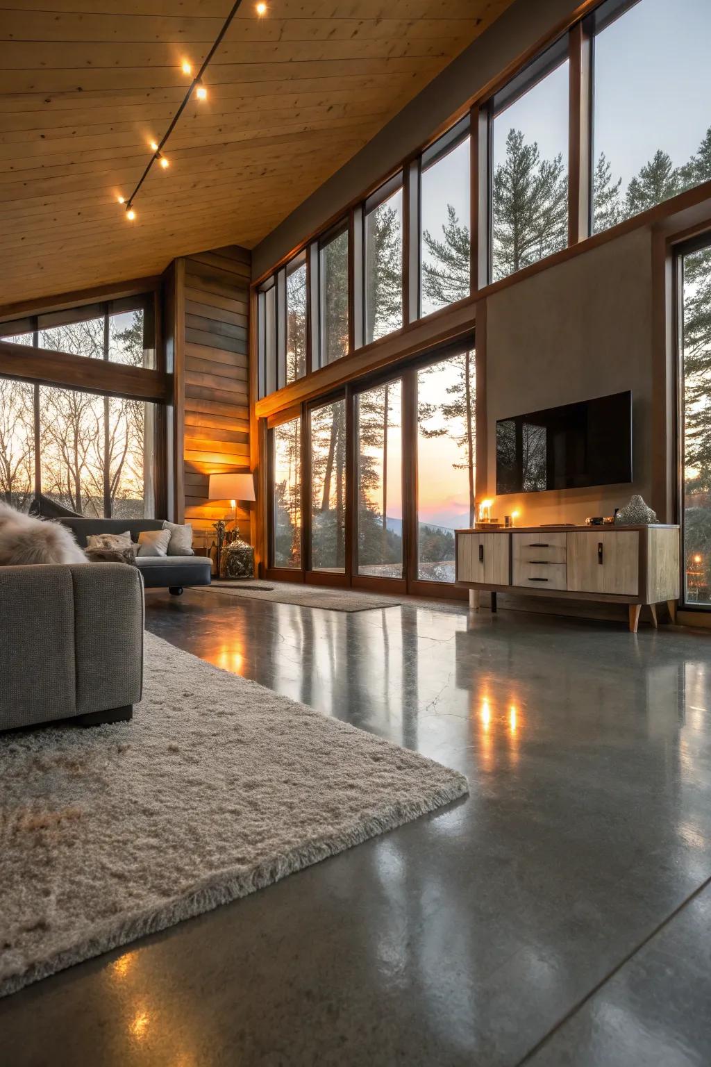 Polished concrete offers a sleek and modern aesthetic, ideal for open spaces.