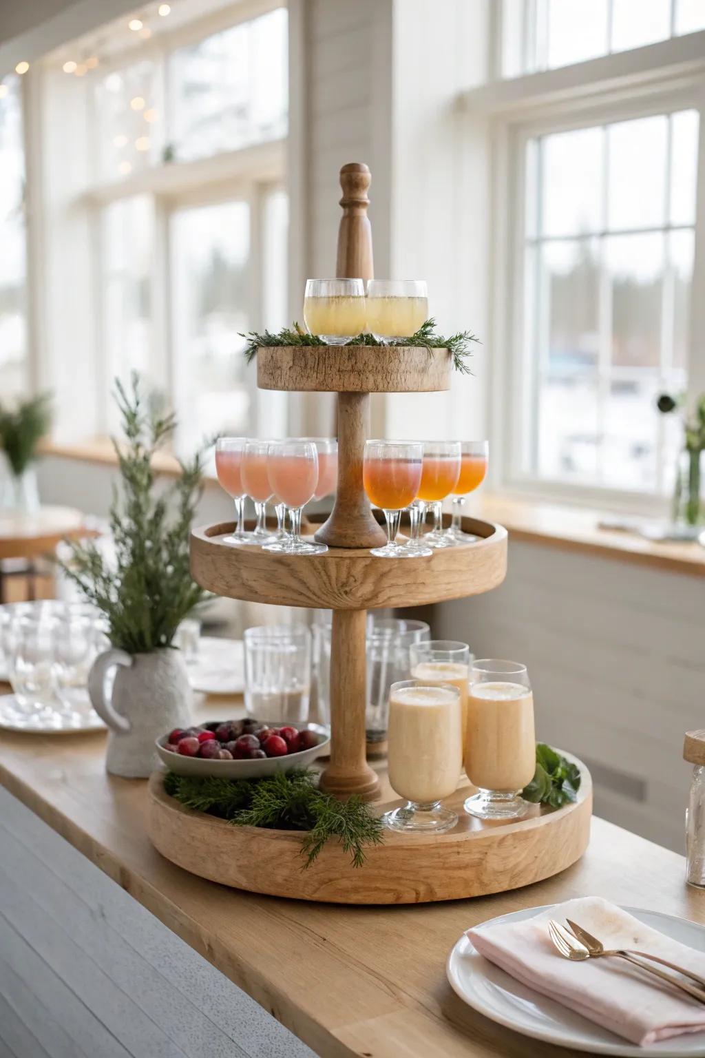 Add a touch of elegance with a tiered drink display that offers both style and accessibility.