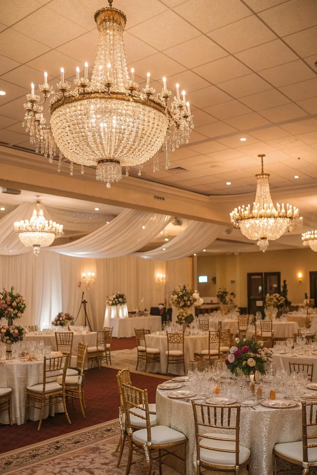 Grand chandeliers cast a magical glow, setting the stage for an unforgettable evening. #LightingDesign #WeddingElegance