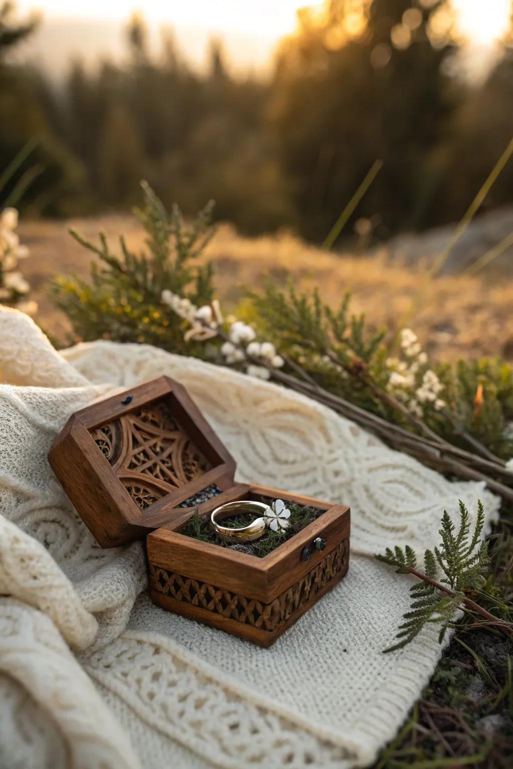 A rustic wooden ring box adds a touch of natural charm to your proposal.
