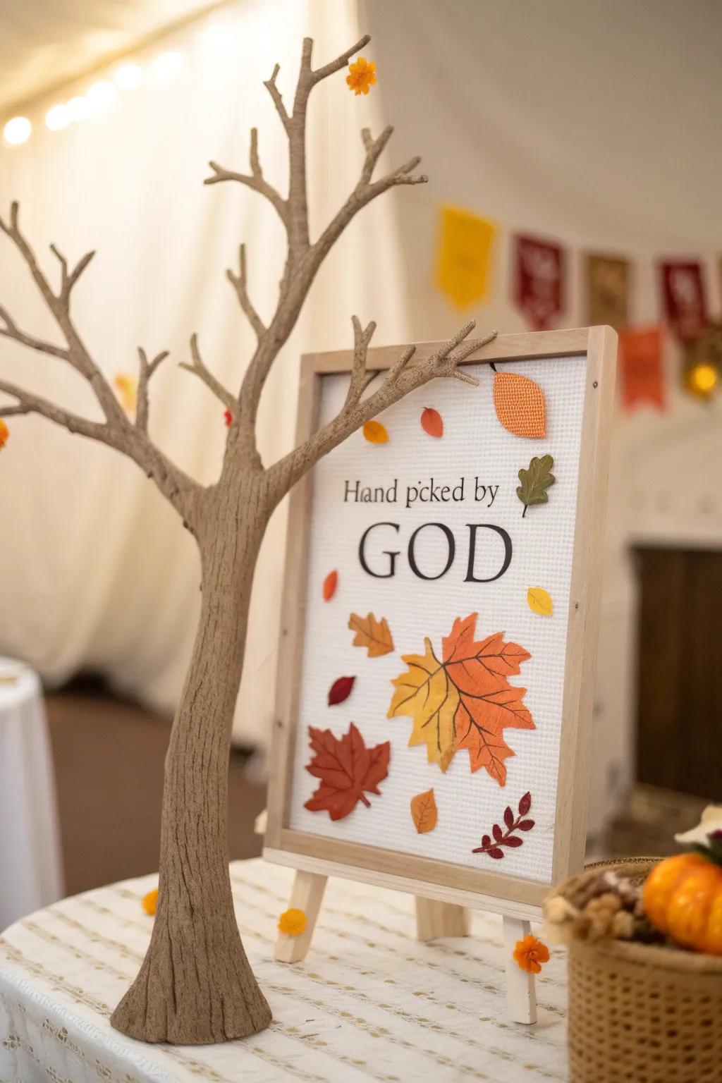 Celebrate being 'Hand Picked by God' with a tree full of inspiring messages and vibrant fall leaves.