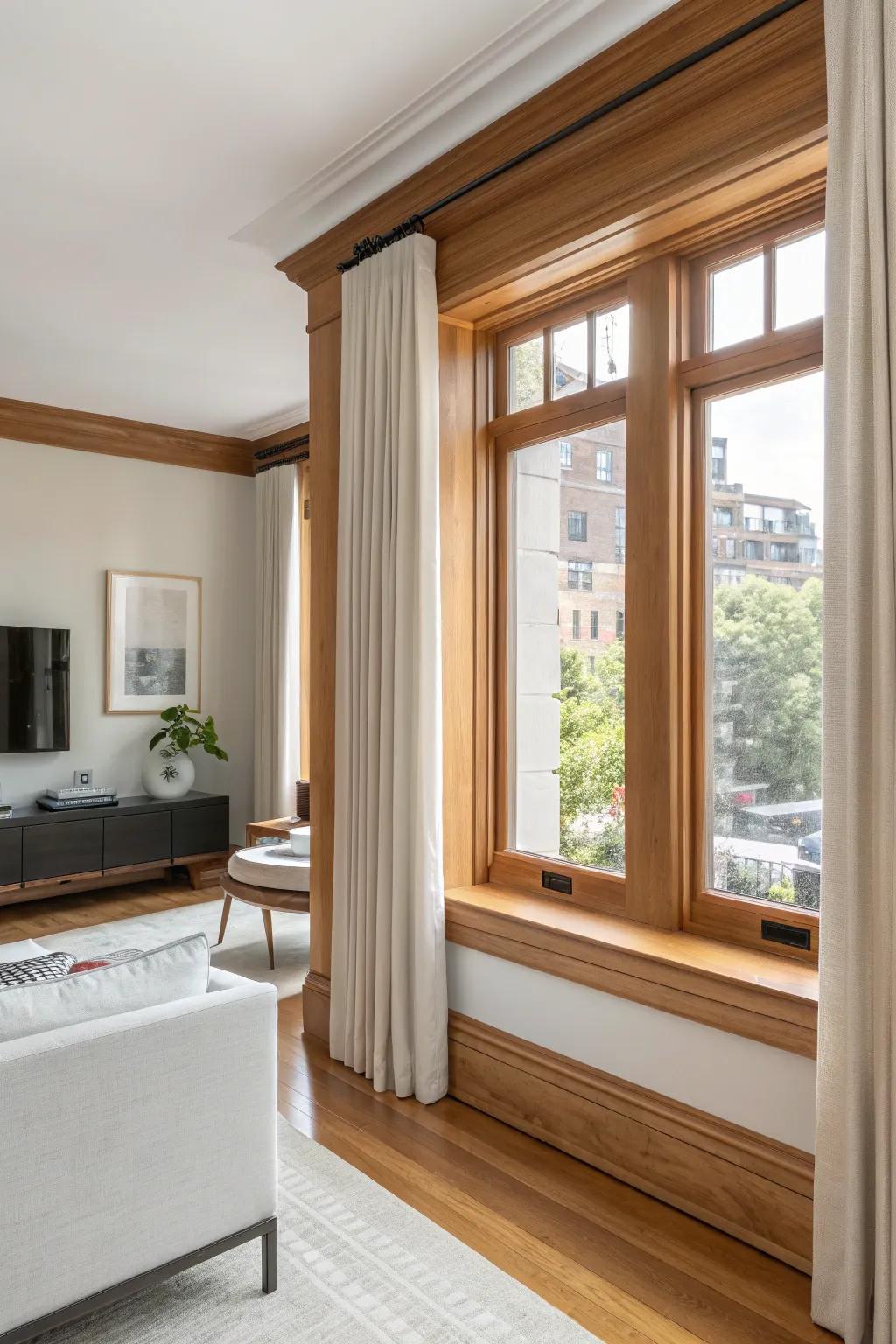 Natural wood trims offer an earthy touch, perfect for adding warmth to any farmhouse-inspired space.