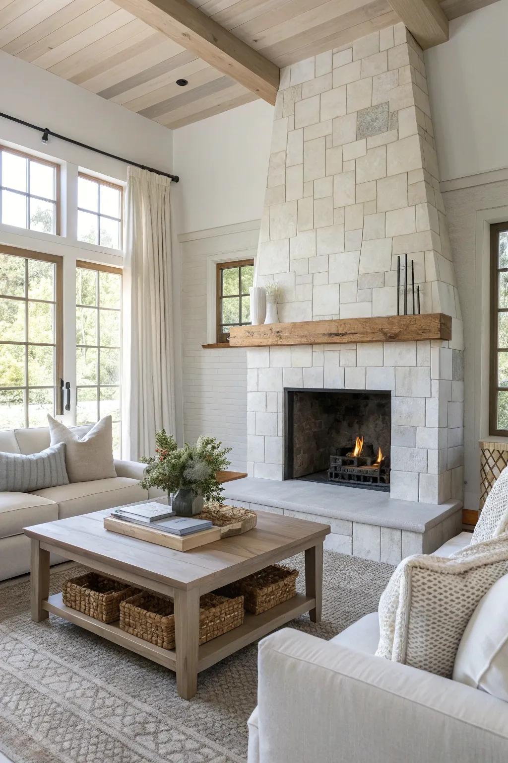 Embrace the elegance of modern minimalism with large, neutral tiles. This design brings a serene and sophisticated touch to your home.