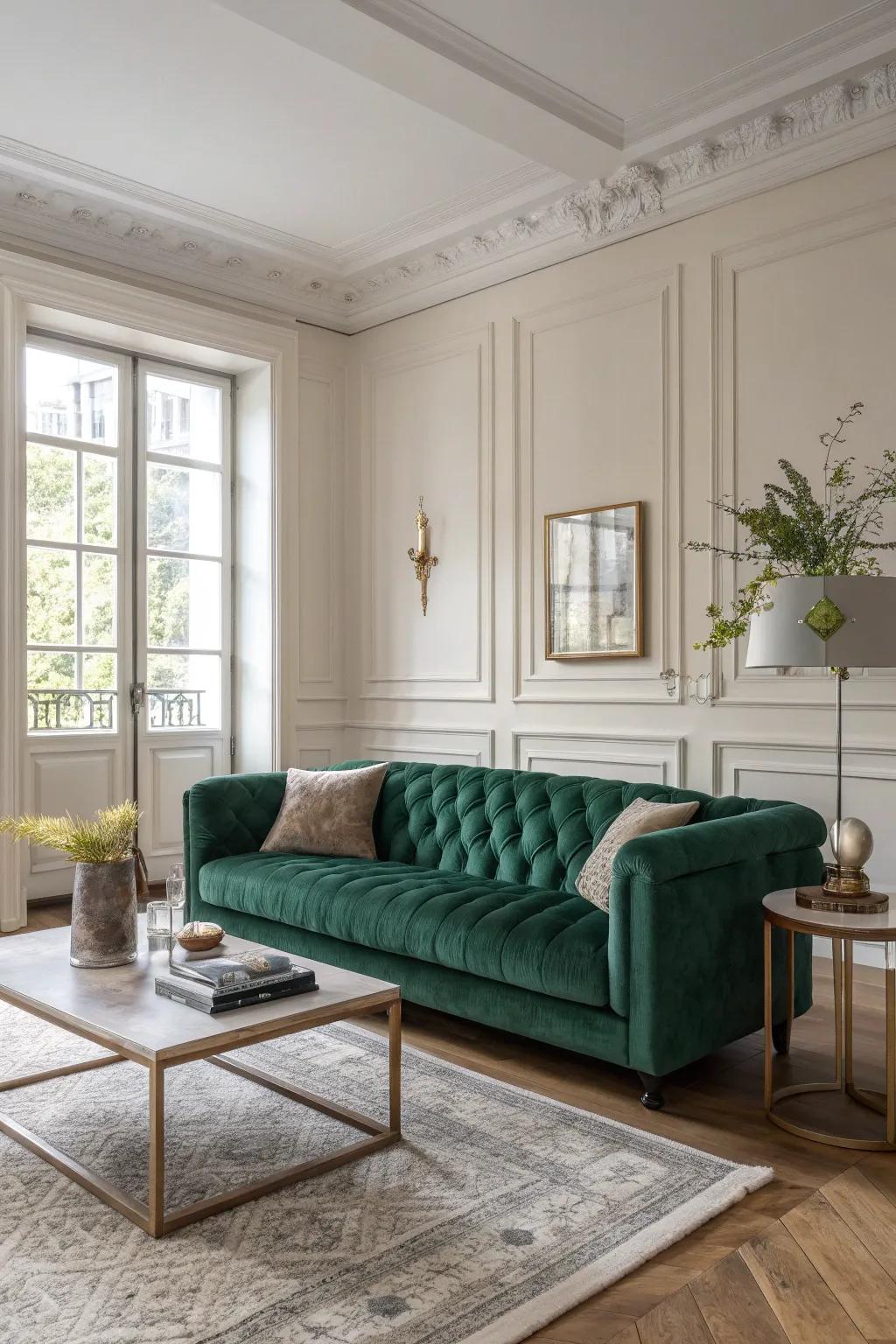 Create a lush atmosphere with velvet sofas and leather armchairs for a touch of timeless luxury.