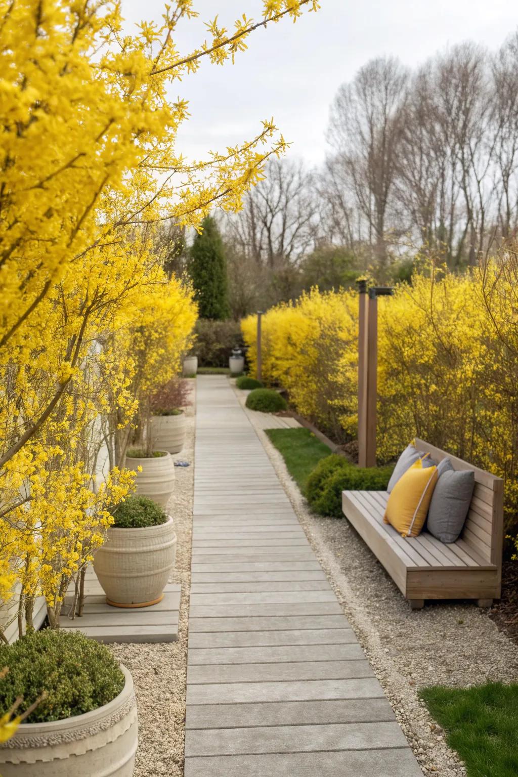 Bask in the vibrant glow of forsythia-lined pathways that lead you through a garden of sunshine.