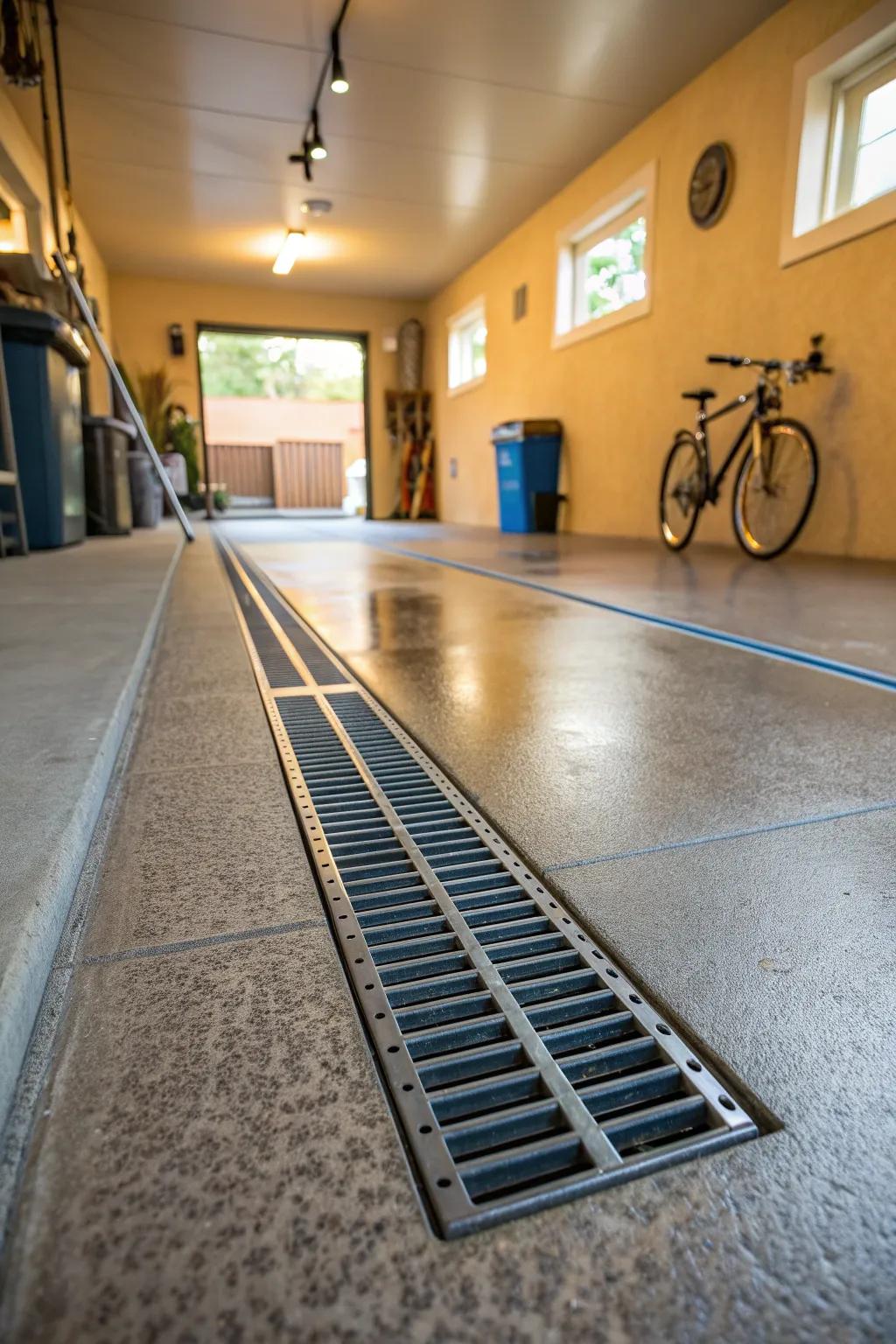 A well-placed trench drain ensures your garage stays dry and clean. #GarageSolutions #HomeImprovement #WaterManagement