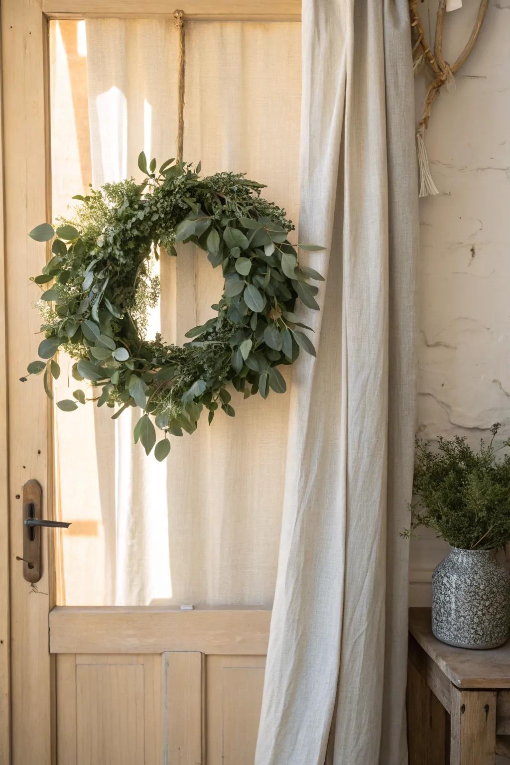 Simple yet stunning, the eucalyptus wreath adds a serene touch to any space.