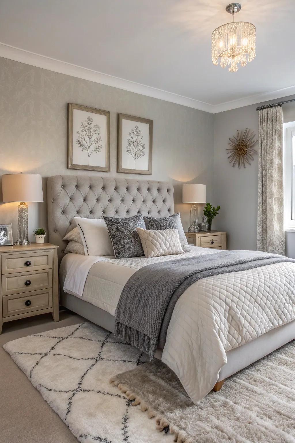 Achieve tranquility with a balanced mix of grey and cream hues, creating a peaceful haven in your bedroom.