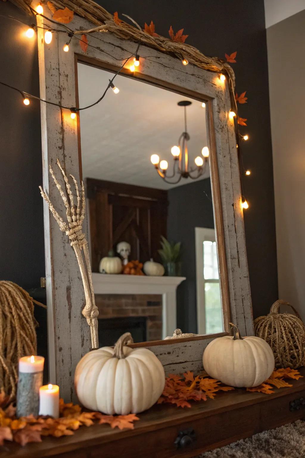 Transform your mirror into a spooky spectacle with skeleton accents that add a playful yet eerie touch. 🦴 #HalloweenDecor #SpookyMirrors