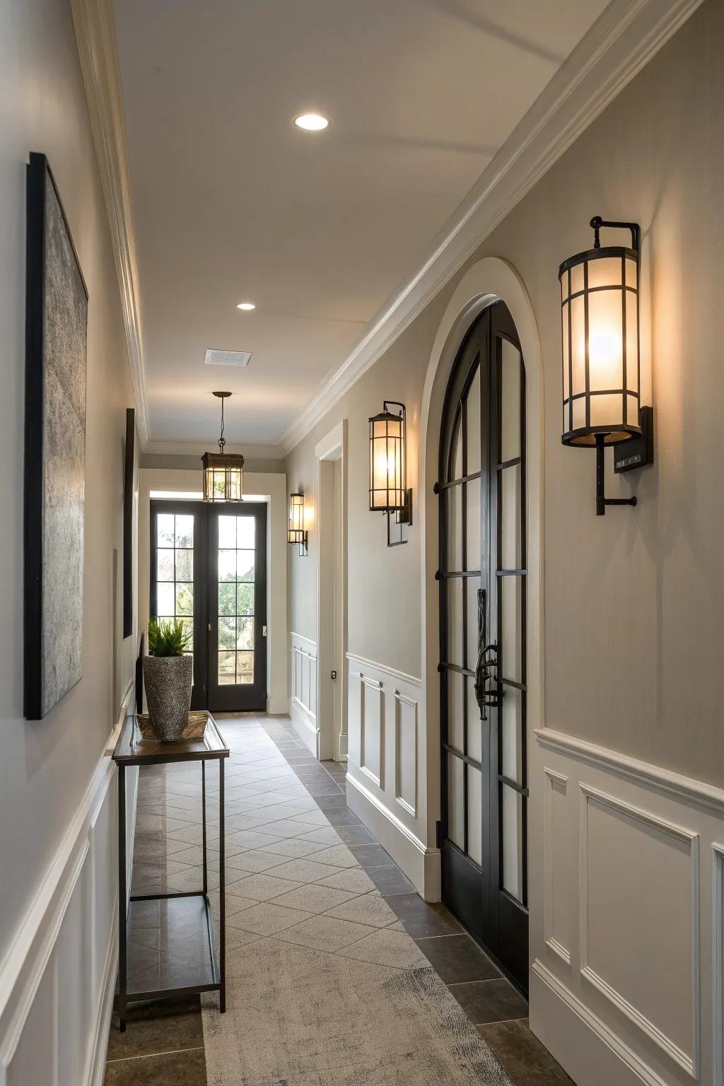 Embrace simplicity with sleek minimalist sconces that enhance your hallway's modern charm.